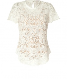 Ladylike lace goes boho-chic with this elegant fitted top from LAgence - Round neck, short flutter sleeves, fitted silhouette, curved hem, sheer patterned lace, nude-hued solid underlay, back keyhole opening with button - Pair with slim trousers, a pencil skirt, or skinny jeans