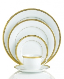 Add the warm glow of gold to your formal place settings with the classic style of the Grand Buffet Gold dinnerware collection. Fine china shines beautifully with a wide outer band of gold enhanced by a delicately detailed scroll pattern.