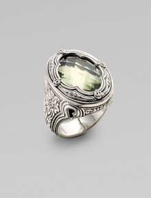 From the Astritis Collection. An intricately carved ring of sterling silver, with a softly hued, faceted prasiolite stone as its centerpiece.Prasiolite Sterling silver Length, about 1 Made in Greece