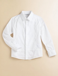 A distinguished cotton shirt, just like the grown-up version, with handsome front tuxedo pleats and faux French cuffs.Modified point collarPleated frontHidden button placketButton cuffsBack dartsCottonMachine washImported