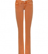 Colorful jeans are de rigueur this season, and True Religions orange pants offer a chic twist on a summer staple - Faded, antique rinse has a look of well-worn cool - Low rise, with belt loops, zip fly and button closure - Flattering signature  triangular flap pockets at rear and right hip - Straight, slim leg - Pair with  t-shirts, button downs and silk blouses