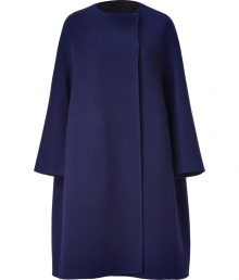 A pristine example of the contemporary Jil Sander look, this soft blue wool coat is a statement must-have for modern-minimalist wardrobes - collarless, seamed long dolman sleeves, hidden front snaps, side slit pockets, charcoal unlined interior - Oversized flared retro silhouette - Team with monochrome separates and jet black accessories