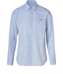 Classic yet contemporary with its allover dot patterning, Marc by Marc Jacobs powder blue shirt is a cool choice for dressing up modern city looks - Classic collar, long sleeves, buttoned cuffs, buttoned chest pocket, hidden front button placket - Slim fit - Wear with tailored trousers and sleek leather lace-ups