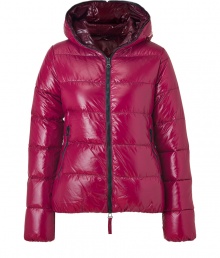 A sleek outer shell and vibrant contrast lining lend this Duvetica down jacket its sporty and stylish edge - In a lighter weight, wind- and water-resistant ruby polyamide with black trim - Slim cut tapers through waist and fits close to the body for extra warmth - Full zip, hood and oversize diagonal zippered pockets at front - Perfect for cold weather casual looks - Pair with denim, leggings and cords