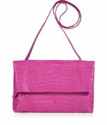 Invest in multi-season sophistication with Nancy Gonzalezs sleek fold-over croco clutch, an ultra luxurious choice in fun fuchsia - Fold-over with hidden magnetic snaps and zippered pocket underneath, back slit pocket with magnetic closure, inside zippered back wall pocket, tonal suede lining, removable shoulder strap - Carry as a finish to chic day and evening looks alike