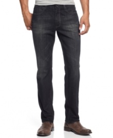 DKNY Jeans takes the country out of classic five-pocket jeans, using dark denim with just a bit of vintage wash and adding detailed, button-flap back pockets.