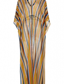 Make a dramatic poolside debut it Missonis ultra glamorous rainbow striped kaftan - V-neckline in front and back, draped 3/4 length sleeves, drawstring waistline, petrol stitched trim - Softly fitted with an adjustable drawstring waistline - Pair with studded sandals and an oversized statement tote