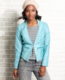 Buttery to the touch and sporting a slight asymmetrical hem, this faux-leather jacket from Dollhouse mixes blazer style with moto cool.