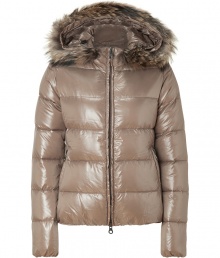 Stay warm while maintaining your impeccable style in this lightweight yet luxe down jacket from Duvetica - Fur-lined hood, front two-way zip closure, long sleeves, zip pockets, quilted - Wear with an elevated jeans-and-tee ensemble and shearling lined boots