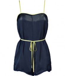 Detailed in super soft navy tumbled satin, Juicy Coutures neon trimmed romper is a sporty choice as comfy as it is chic - Neon lime adjustable spaghetti straps and trim, neon lime grosgrain self-tie sash with gold-toned logo engraved aglets, belt loops, scalloped trim, logo charm - Loosely fitted - Wear with an open cardigan and shearling lined boots for cool weather lounging