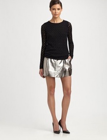 Glisten away in this daring, metallic leather mini skirt. Slash pocketsAbout 13 longLeatherDry clean with leather specialistImportedModel shown is 5'9 (175cm) wearing US size 4.