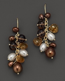 A cluster of cultured pearls and gleaming gemstones dangle from 14K yellow gold settings.