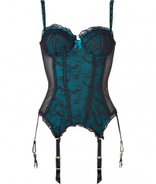 Get the sultry glamorous look of a vintage 1950s pin up girl in Von Follies by Dita Von Teeses deep rich turquoise stretch lace and mesh bustier - Underwire style, lightly padded structured cups, grosgrain and satin ribbon detailing over sheer black stretch lace, ruffled lace trim on cups, wide adjustable straps with silver-toned hardware, adjustable silver-toned back hook-and-eye closures - Black stretch lace over deep rich turquoise paneling, sheer mesh sides, ruffled lace trim around hemline, satin garter straps with vintage-style silver-toned clips - Cinched waist - Wear with silk stockings for a seriously seductive look