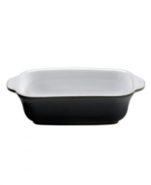 Perfect for everyday use, this rectangular baker boasts sublime versatility in ultra-durable stoneware from Denby dinnerware. The dishes have a jet-black surface and glossy white interior that can carry easy, modern polish from oven to table.