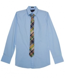 Pair up! Getting dressed will be as simple as grab-and-go with this button-front No Retreat dress shirt and tie.