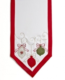 All the trimmings. Prepare for a jolly-good time with the Holiday Ornaments runner, featuring a simple white cloth festooned with colorful ornaments and embroidery.