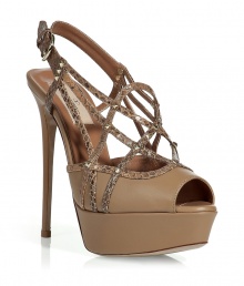 Add rock n roll luxe to your look with these tough-meets-chic platform sandals from Valentino - Peep-toe, crisscross python-embossed front straps with studded detailing, ankle strap with buckle closure, ultra high front platform and stiletto heel - Pair with wide leg trousers and a fitted blouse or with a figure-hugging cocktail frock