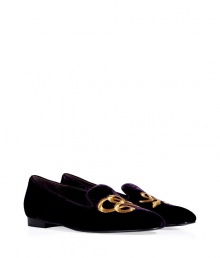 Give your daytime looks an infusion of rich color with Ralph Lauren Collections ultra sleek slipper-style loafers, a timeless classic take on this must-have silhouette - Almond toe, gold-toned serpent embroidery, tonal grosgrain trim - Slips on - Wear with everything from cashmere pullovers and jeans to tailored wool skirts and silk blouses