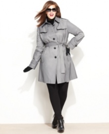 Grey skies are no match for DKNY's plus size trench coat.  Unique quilted rain flaps stand out at the shoulders and overlap in back for a sophisticated new take on a classic style.