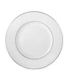 Beautiful and bridal-inspired, this classic white plate is richly textured with a delicate floral motif and raised, beaded accents. Finished with a band of polished platinum. Qualifies for Rebate