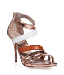 Inject bold style into your warm weather look with these metallic sandals from Le Silla - Crisscross front, back zip closure, stiletto heel with metallic detailing - Wear with slim cropped trousers and a blouse, or a figure-hugging cocktail dress