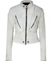 This ultra-chic moto-styled leather jacket bring tough-yet-stylish appeal to your lookday or night -Button-detailed stand collar, zipper front, zip chest pockets, seaming details at shoulders and back, cropped silhouette - Style with a floral mini-dress, patterned tights, and buckle-detailed ankle boots