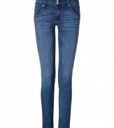 These flattering skinny jeans from Hudson add stylish appeal to your casual look - Wide waistband, two-button and zip closure, off-seam pockets, large belt loops, back flap pockets with button, skinny fit - Style with an oversized sweater or silk blouse and platform booties