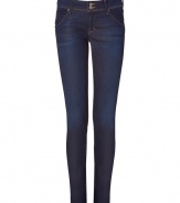 Bring high style to your casual look with these flattering jeans from Hudson - Wide waistband with dual button closure, belt loops, off-seam pockets, back flap pockets with logo, skinny fit, cropped - Style with a printed blouse, a loose knit cardigan, and wedge heels