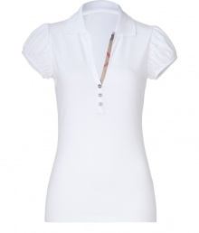 A feminine choice with its deep V-neckline and sweet puffed short sleeves, Burberry Brits polo shirt is a stylish way to dress up your basics - Spread collar, V-neckline, puffed short sleeves, partial button placket with characteristic check trim - Form-fitting - Channel preppy style and wear with jeans and bright loafers