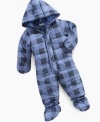 He'll have fun fun fun in the snow creating snow angles in this lively plaid and warm snowsuit by First Impressions.