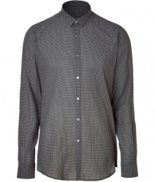 Achieve urbane sophistication in this slim fit shirt from Costume National - Small spread collar, front button placket, button-detailed cuffs, curved hem, all-over micro plaid print - Wear with sleek trousers, a leather jacket, and boots