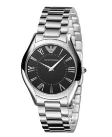 Versatile and in vogue. This sleek watch by Emporio Armani is forever chic. Stainless steel bracelet and round case. Black dial features applied silver tone Roman numerals at markers, minute track, two silver tone hands and logo. Quartz movement. Water resistant to 30 meters. Two-year limited warranty.