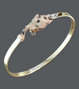 Fierce glamour. Signature by Effy Collection's wild style features a panther head bangle decorated with round-cut white diamonds (5/8 ct. t.w.), black diamond accents and glowing emerald accent eyes. Set in 14k yellow gold and rose-gold. Approximate diameter: 2-3/8 inches.