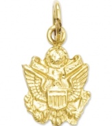 Give your own medal of honor to the courageous. This symbolic U.S. Army Insignia charm is crafted from textured 14k gold. Chain not included. Approximate length: 3/5 inch. Approximate width: 2/5 inch.