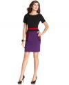 Evan Picone's petite sheath looks fresh and fashion-forward with colorblocked details at the waist and pockets and a flattering fit.