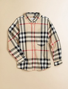 Classic check pattern on soft cotton with button-down collar and patch pocket for handsome style.Button-down collarLong sleeves with button cuffsButton-frontPatch pocketShirttail hemCottonMachine washImported Please note: Number of buttons may vary depending on size ordered. 