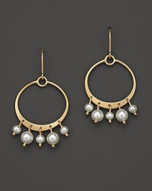 Cultured freshwater pearls dangle from 14K yellow gold hoops.