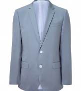 Elegant jacket in fine, pale grey linen and cotton blend - Soft, lighter weight material drapes beautifully - Single-breasted style with two-button closure and deep, narrow-cut lapels - Chest pocket and flap pockets at sides - Slim, slightly longer cut through the torso - Polished and classically cool, seamlessly transitions from day to evening - Pair with a button down or t-shirt and trousers or chinos