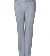 Elegant pant in fine, pale grey linen and cotton blend - Soft, lighter weight material - Modern silhouette is straight and slim cut - Crease from hip to hem flatters and lengthens the leg - Tab waist with belt loops - Side pockets and welt pockets at rear - A polished, versatile go-to in any wardrobe - Seamlessly transitions from day to evening - Pair with a jacket and cashmere pullover or button down