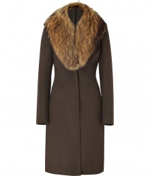 The classic coat gets a luxe touch with this lavish detachable fur collar version from Blumarine - Fitted silhouette, long sleeves, welt pockets, detachable large fun collar, concealed front button placket, back vent - Style with a slinky cocktail sheath and platform heels