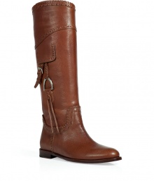 Channel classic equestrian chic in these super luxe leather riding boots from Ralph Lauren Collection -Rounded toe, whip-stitch detail at ankle, saddle styling with silver-tone stirrup, knee-high - Pair with skinny jeans, an oversized cashmere sweater, and a tailored blazer