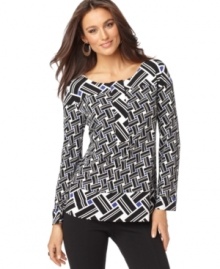 In a graphic geometric print, this Alfani top makes a bold statement over trousers or denim!