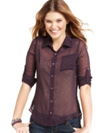 Crafted from clip-dot chiffon, Fresh Brewed's roll-tab button-down top brings texture to your easygoing day look.