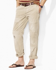 Repaired twill patchwork lends a rugged quality to the trim-fitting Officer's pant in durable cotton chino.