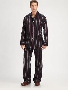 Two-piece set woven in remarkably striped cotton for sartorial appeal. Cotton. Machine wash. Imported.SHIRTButton frontChest, hip patch pocketsPANTSide elastic waistInseam, about 31