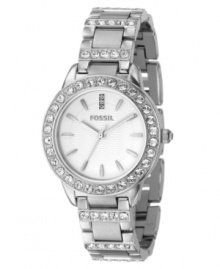 Elegance for every day. This Fossil watch features a crystal-accented stainless steel bracelet and round case. Crystal accents at bezel. Silvertone textured dial with silvertone stick indices, logo and crystal accents at twelve o'clock. Quartz movement. Water resistant to 50 meters. 11-year limited warranty.