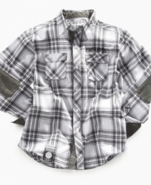 Anything but unoriginal. Give him the style that will set him apart with this bold plaid woven shirt from guess.