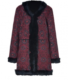 Inject a luxe edge into your worldly wardrobe with Antik Batiks textural embroidered coat, detailed with black rabbit fur trim for an exquisitely chic finish - Collarless V-neckline, long sleeves, hidden front hook closures, side slit pockets - Contemporary straight fit - Pair with leather leggings and impossibly cool accessories