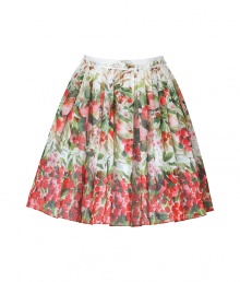 With its gauzy watercolor flower printed cotton and feminine, full silhouette, Valentino R.E.D.s pleated skirt is the perfectly festive choice for your fancy daytime events - Fitted waist with white trim, allover watercolor-like floral print with ladybug, snail and bumble-bee detail, hidden side zip, white lining - Fitted waist, full skirt - Wear with a round collar blouse and pretty rockstud flats