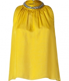 Regal yet rock n roll, this embellished silk top from Moschino Cheap & Chic brings chic appeal to your day or night look - Stand collar with crystal embellishment, gathered neckline, sleeveless, flared relaxed silhouette, back keyhole opening with button closure - Pair with high-waisted trousers or a pencil skirt and heels